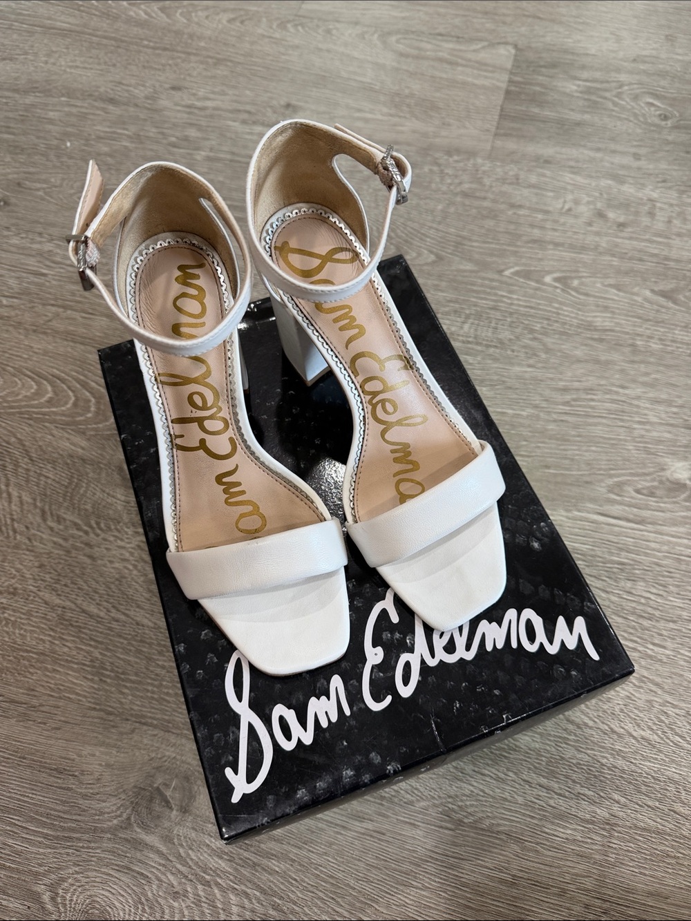 Sam Edelman White Ankle-Strap Block Heels